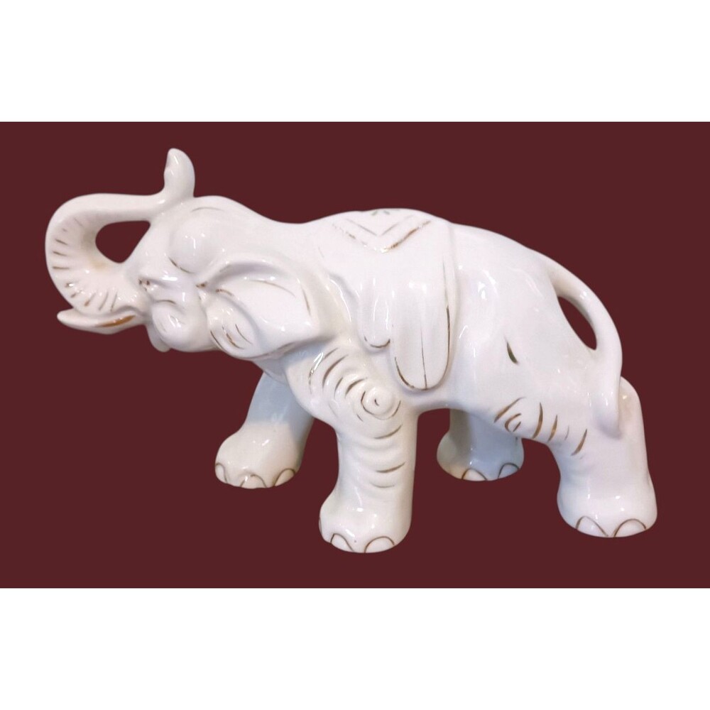 VTG Japan Ucagco White Ceramic Elephant Figurine Gold Accents Trunk Up Good Luck - Picture 1 of 6